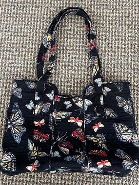 Vintage Butterfly Print Quilted Tote Bag in Black